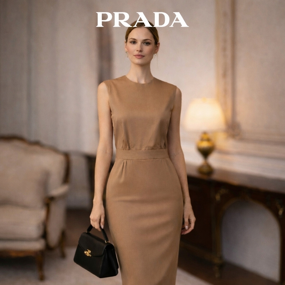 Prada Tan/Camel Midi Sleeveless Dress Women's Size S, NWT, Office Luxury, Cotton - Picture 2 of 12